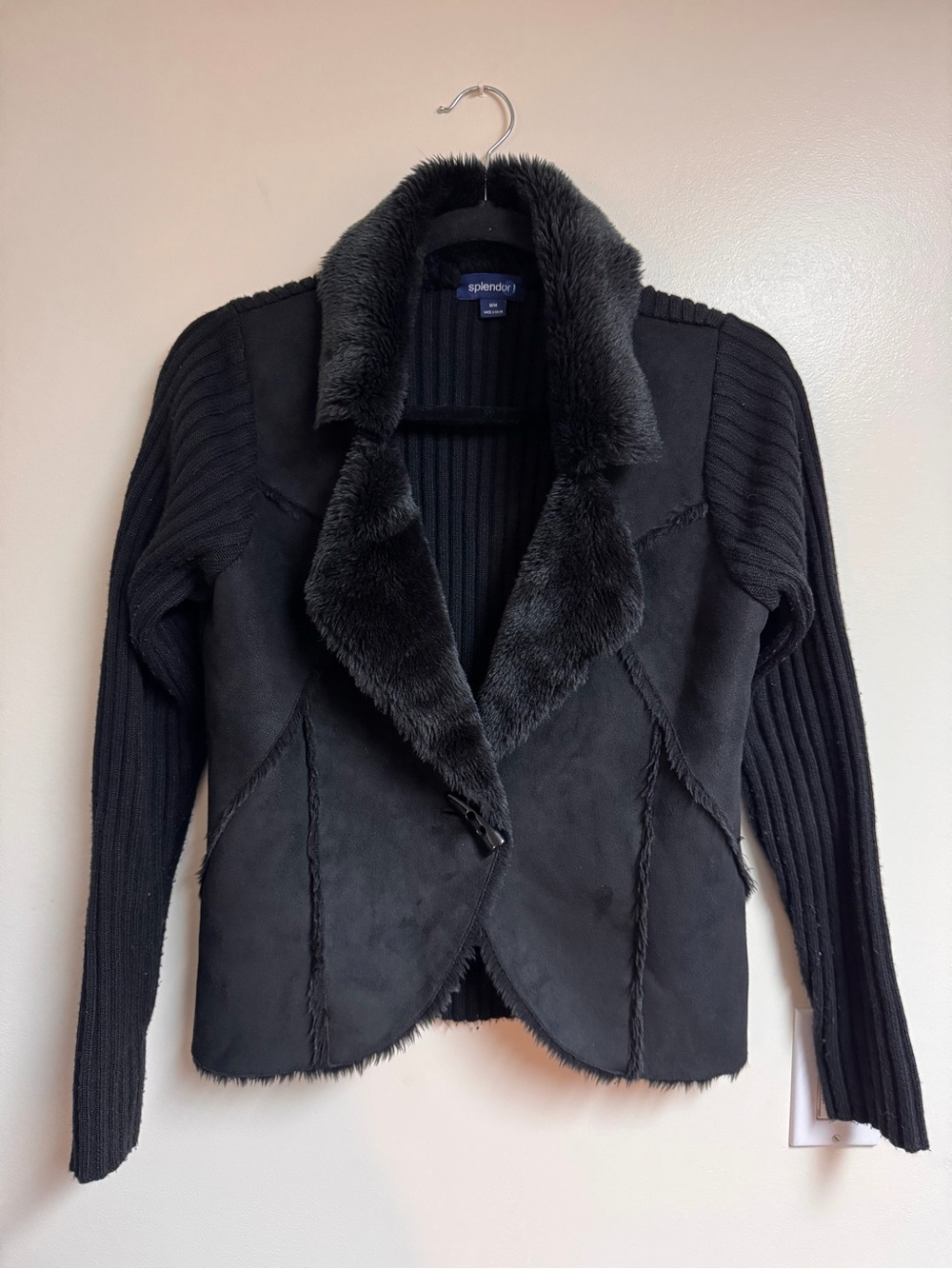 Black Faux-Shearling Trim Moto Jacket